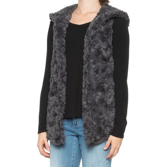 Dylan Vest Size Medium Black Classic Silky Faux Fur Hooded Vest Open Front - Picture 1 of 11